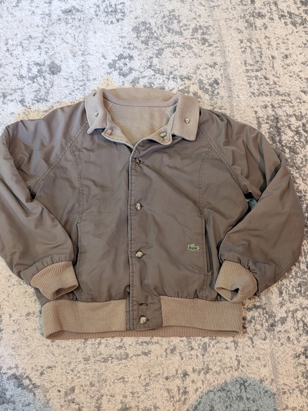 Lacoste Taupe Ribbed-Cuff Reversible Bomber with Green Croc Logo